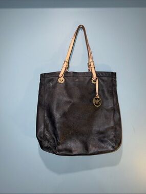 Michael Kors Black Leather Tote with Beige Shoulder Straps
